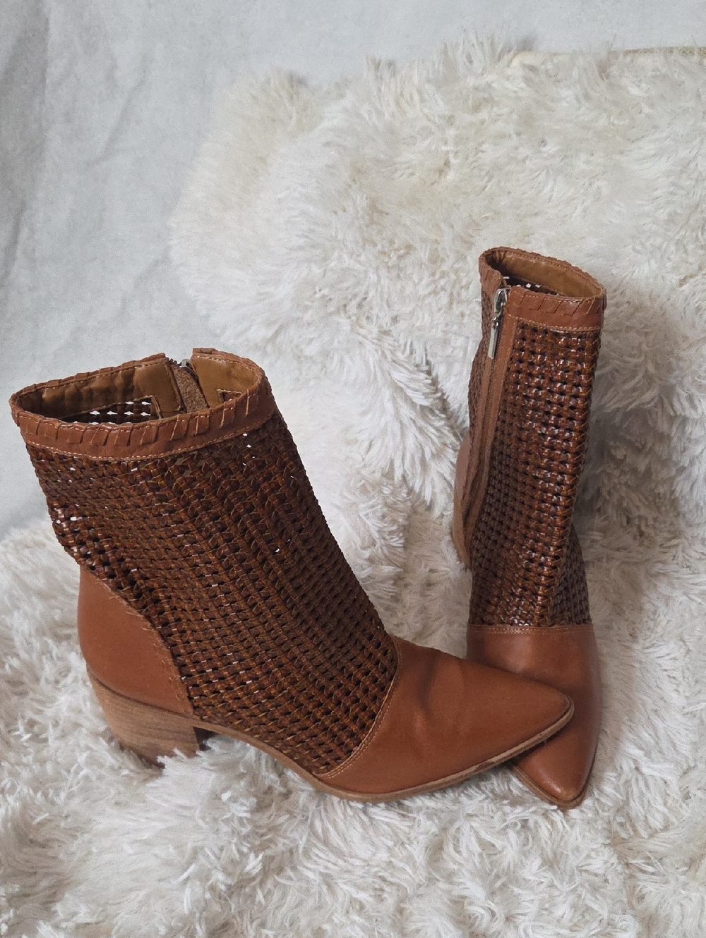 Kaanas Brown Woven Leather Pointed Toe Ankle Booties